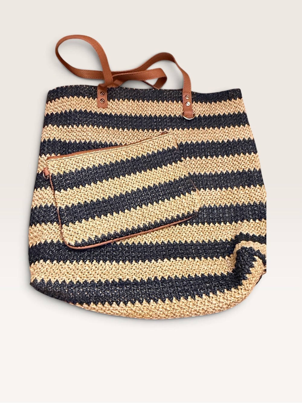thirty-one Striped Oversized Beach Tote in Navy and Natural with Leather Handles